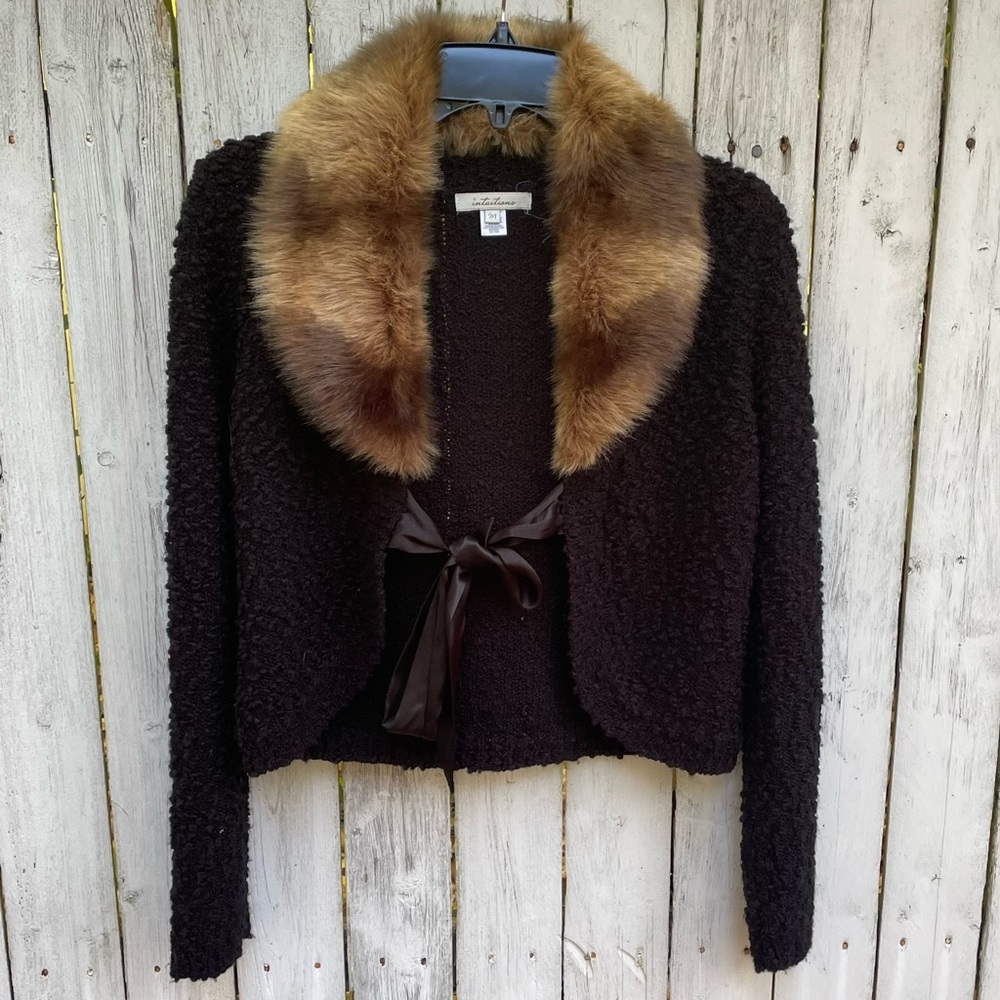 Intuitions black cardigan faux fur M vintage style